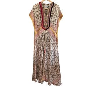 DASSIOS Luxury Lightweight Cotton Caftan W/ Gold Sequin Embroidered Trim Medium